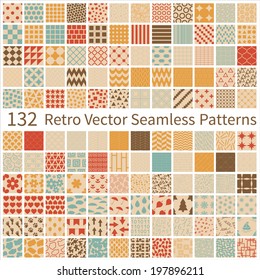 A big Set of 132 seamless retro geometric, polka dot, floral, decorative patterns. Vector illustration EPS8. 