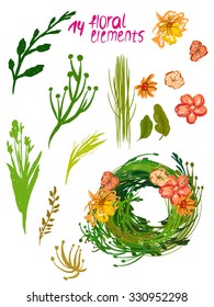 Big set of 14 floral elements for design. Make your own wreath