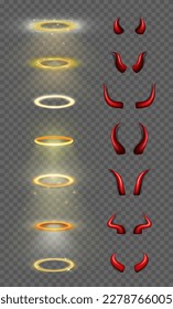 Big set of 14 three dimensional shiny golden nimbus and red devil horns. Vector realistic glossy daemon horns and halo, angel ring isolated in transparent background. Carnival, masquerade elements