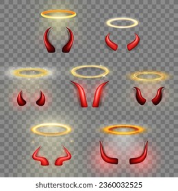 Gran conjunto de 14 cuernos tridimensionales brillantes dorados nimbus y cuernos rojos del diablo. Hornos de demonio brillante vectoriales realistas y halo, anillo de ángel aislado en un fondo transparente. Carnaval, elementos de la mascarada