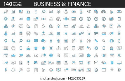 Big set of 140 Business and Finance web icons in line style. Money, bank, contact, office, payment, strategy, accounting, infographic. Icon collection. Vector illustration.