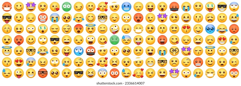 Big set of 140 emoticon smile icons. Cartoon emoji set. Vector app emoticon collection. Emoji character smile icons