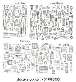 Big set of 146 beauty  products and tools including make-up products and perfumes, hair styling and manicure tools. Vector hand drawn outline beauty collection.