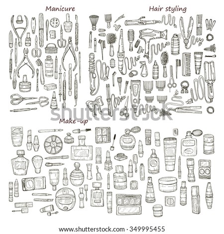 Big set of 146 beauty  products and tools including make-up products and perfumes, hair styling and manicure tools. Vector hand drawn outline beauty collection.