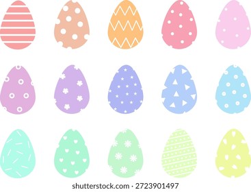 Grande conjunto de 15 ovos de Páscoa pastel bonito. Coleção vetorial de ícones de férias coloridos planos com padrões brancos, listras e pontos.