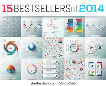 Big set of 15 modern infographic business design templates, bestsellers of 2014, elements for diagrams, charts, schemes. Vector illustration for website, report, presentation, poster, advertisement.