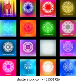 Big set of 16 colorful cards with inspirational quotes about yoga, creativity, positivity and lifestyle. Mandalas on abstract blurred background. Vector decorative design elements on black background.
