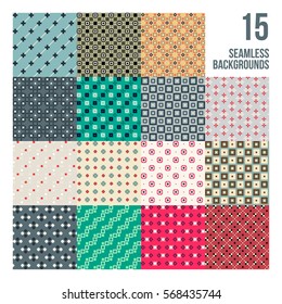 Big set of 16 colorful pixelated patterns. Childish style. Useful for wrapping and textile design.