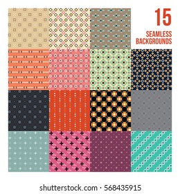 Big set of 16 colorful pixelated patterns. Childish style. Useful for wrapping and textile design.