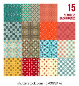 Big set of 16 colorful pixelated patterns. Childish style. Useful for wrapping and textile design.