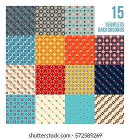Big set of 16 colorful pixelated patterns. Childish style. Useful for wrapping and textile design.
