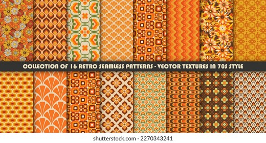 Big set of 16 colorful retro patterns. Vector trendy backgrounds in 70s style. Abstract modern geometric and floral ornaments, vintage textures