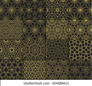 Big set of 16 oriental patterns. Black and gold background with Arabic ornaments. Patterns, backgrounds and wallpapers for your design. Textile ornament.Islamic pattern. Mosaic.Vector illustration.