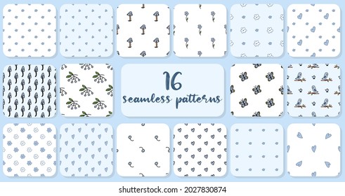 Big set of 16 seamless patterns. Doodle style hand drawn. Blue flowers, hearts, owls on a branch with a flying chicks, cranberries, butterflies, mountain ash (rowan), toadstools and fly agarics.