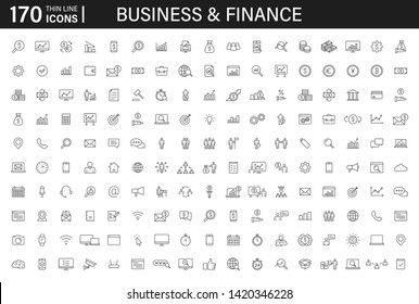 Big set of 170 Business and Finance web icons in line style. Money, bank, contact, infographic. Icon collection. Vector illustration.