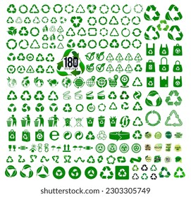 Big set of 170 ecology icons. Recycle icon. Symbols and signs for design of packaging products, information about the goods being transported and a sign of recycling. Vector illustration.