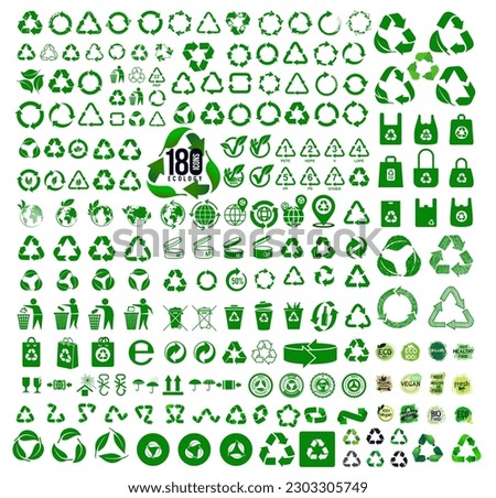 Big set of 170 ecology icons. Recycle icon. Symbols and signs for design of packaging products, information about the goods being transported and a sign of recycling. Vector illustration.