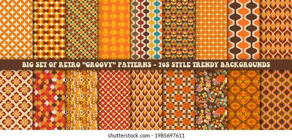 Big set of 18 colorful retro patterns. Vector trendy backgrounds in 70s style. Abstract modern geometric and floral ornaments, vintage backgrounds