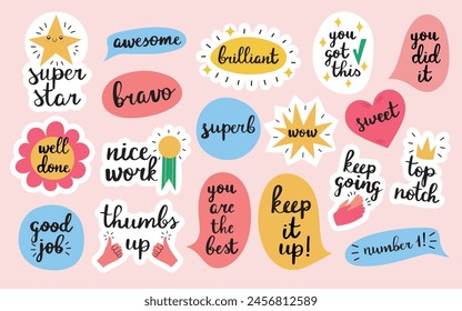 Big set with 18 cute appreciation phrases, encouraging stickers or badges, isolated on a pink background. Hand drawn vector illustrations