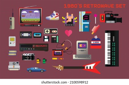 Big set of 1980's related items, retrowave vector icons and stickers: cellphone, tv, sneakers, handheld game console, video and audio cassettes, gamepad, player, vcr, computer, synthesizer, etc.