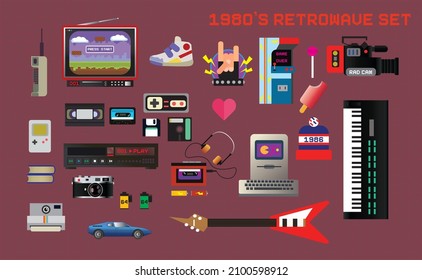 Gran conjunto de ítems relacionados con los años 80, íconos vectoriales retroondulados y stickers: teléfono móvil, tv, zapatillas de deporte, consola de juegos de mano, cintas de vídeo y audio, gamepad, reproductor, vcr, ordenador, sintetizador, etc.