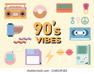 Big set of 1990's related items, retrowave vector icons and stickers: gameboy, pager, film, donut, video and audio cassettes, floppy disk, tamagotchi, etc.
