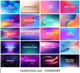 BIG set of 20 abstract horizontal wide blurred backgrounds. With various quotes. Sunset and sunrise space and stars liquids blurred background.