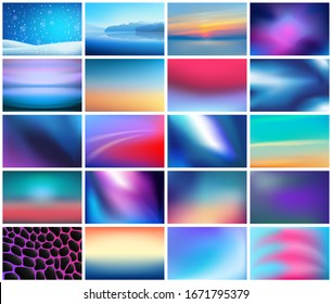 BIG set of 20 abstract horizontal wide blurred backgrounds. With various quotes. Sunset and sunrise space and stars liquids blurred background.