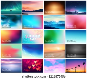 BIG set of 20 horizontal wide blurred nature backgrounds. With various quotes. Sunset and sunrise sea blurred background. Mountain Landscapes, night sky with polar lights and moon night