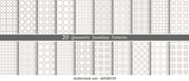 Grande conjunto de 20 padrões geométricos orientais. Fundo branco e marrom dourado com ornamentos árabes. Textura de linha infinita para papel de parede, embalagens, banners, cartões de convite, impressão de tecido têxtil