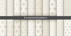 Big Set Of 20 Oriental Patterns. White And Gold Background With Arabic Ornaments. Patterns, Backgrounds And Wallpapers For Your Design. Textile Ornament. Vector Illustration.