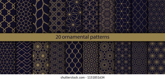 Big set of 20 oriental patterns. Blue and gold background with Arabic ornaments. Patterns, backgrounds and wallpapers for your design. Textile ornament. Vector illustration.