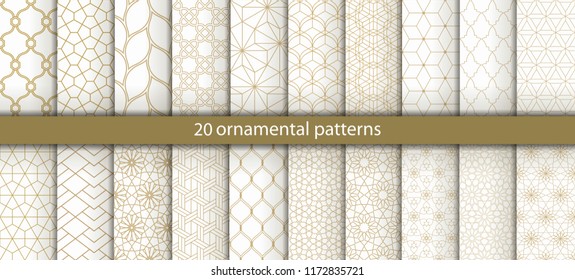 Big set of 20 oriental patterns. Gold background with Arabic ornaments. Patterns, backgrounds and wallpapers for your design. Textile ornament. Vector illustration.