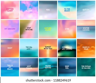 BIG set of 20 square blurred nature backgrounds. With various quotes. Sunset and sunrise sea blurred background