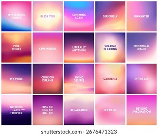 GROSSER Satz von 20 quadratischen unscharfen Natur lila rosa Hintergründe. Mit verschiedenen Anführungszeichen. Sonnenuntergang und Sonnenaufgang am Himmel unscharf blauer Hintergrund
