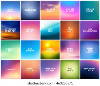 BIG set of 20 square blurred nature backgrounds. With various love quotes relationship man woman. Sunset and sunrise sea blurred background