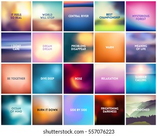 BIG set of 20 square blurred nature backgrounds. With various quotes. Sunset and sunrise sea blurred background