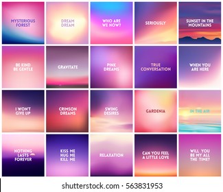 BIG set 20 square blurred nature purple pink backgrounds  With various quotes  Sunset   sunrise sea sky blurred blue background