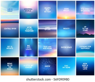 BIG set of 20 square blurred nature dark blue backgrounds. With various quotes. Sunset and sunrise sea ocean sky blurred blue background
