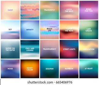 BIG set of 20 square blurred nature backgrounds. With various quotes. Sunset and sunrise sea blurred background