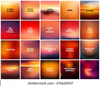 BIG set of 20 square blurred nature orange red backgrounds. With various quotes. Sunset and sunrise orange yellow red background abstract