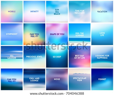 BIG set of 20 square blurred nature blue backgrounds number 2. With various quotes. Sea ocean sky blurred blue background