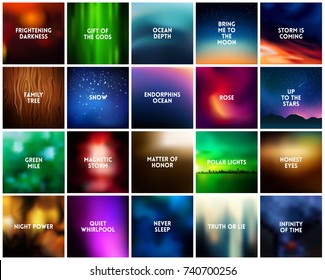 BIG set of 20 square dark blurred nature backgrounds. With various quotes. Sunset and sunrise sea night sky blurred backgrounds