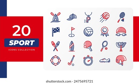 Big set of 20 vector icons of accessories for different sports. Modern flat pictograms of stopwatch, stick, ball, tennis racket, medal, helmet, saddle, lifebuoy, surfboard.Sports competitions, events.