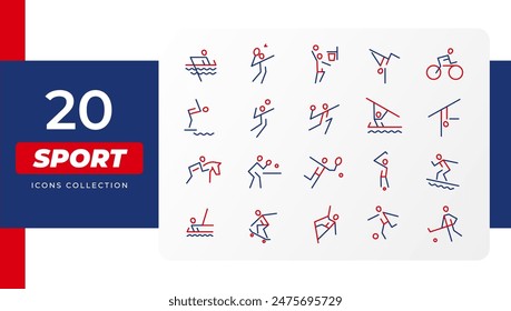 Big set of 20 vector outline icons for different sports. Modern flat pictograms of football, basketball, rock climbing, break dancing, cycling, swimming, tennis, volleyball, hockey. Sport competitions