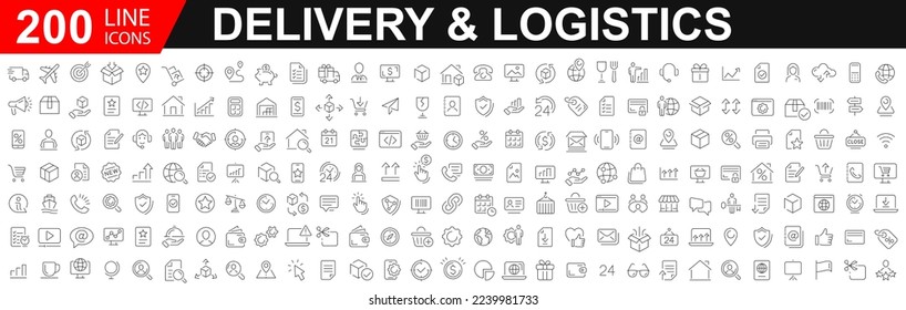 Big Set of 200 Delivery and logistics web icon. Delivery, shipping, logistics. Outline icons collection. Courier, shipping, express delivery, tracking order, support, business. Vector illustration