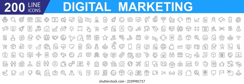 Big set of 200 Digital Marketing web icons. Outline web icons set - Search Engine Optimization. Containing seo, content, website, social media. Communication, marketing, ecommerce