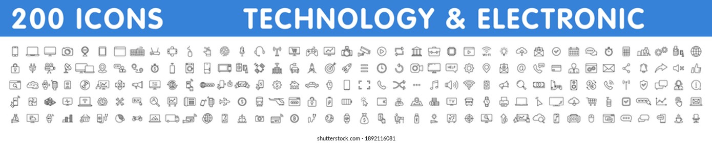 Big set of 200 Technology and Electronics and Devices web icons in line style. Device, phone, laptop, communication, smartphone, ecommercem, network, business, media. Vector illustration.