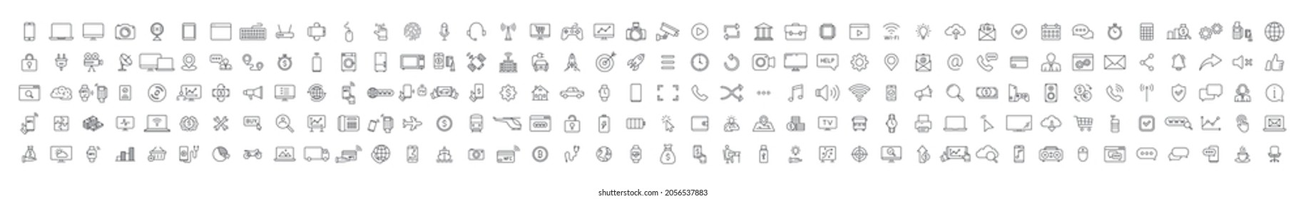 Gran conjunto de 200 iconos web de Tecnología y Electrónica y Dispositivos en estilo de línea. Dispositivo, teléfono, laptop, comunicación, smartphone, ecommerem, red, negocios, medios. Ilustración vectorial.