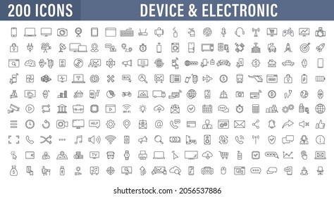 Gran conjunto de 200 iconos web de Tecnología y Electrónica y Dispositivos en estilo de línea. Dispositivo, teléfono, laptop, comunicación, smartphone, ecommerem, red, negocios, medios. Ilustración vectorial.
